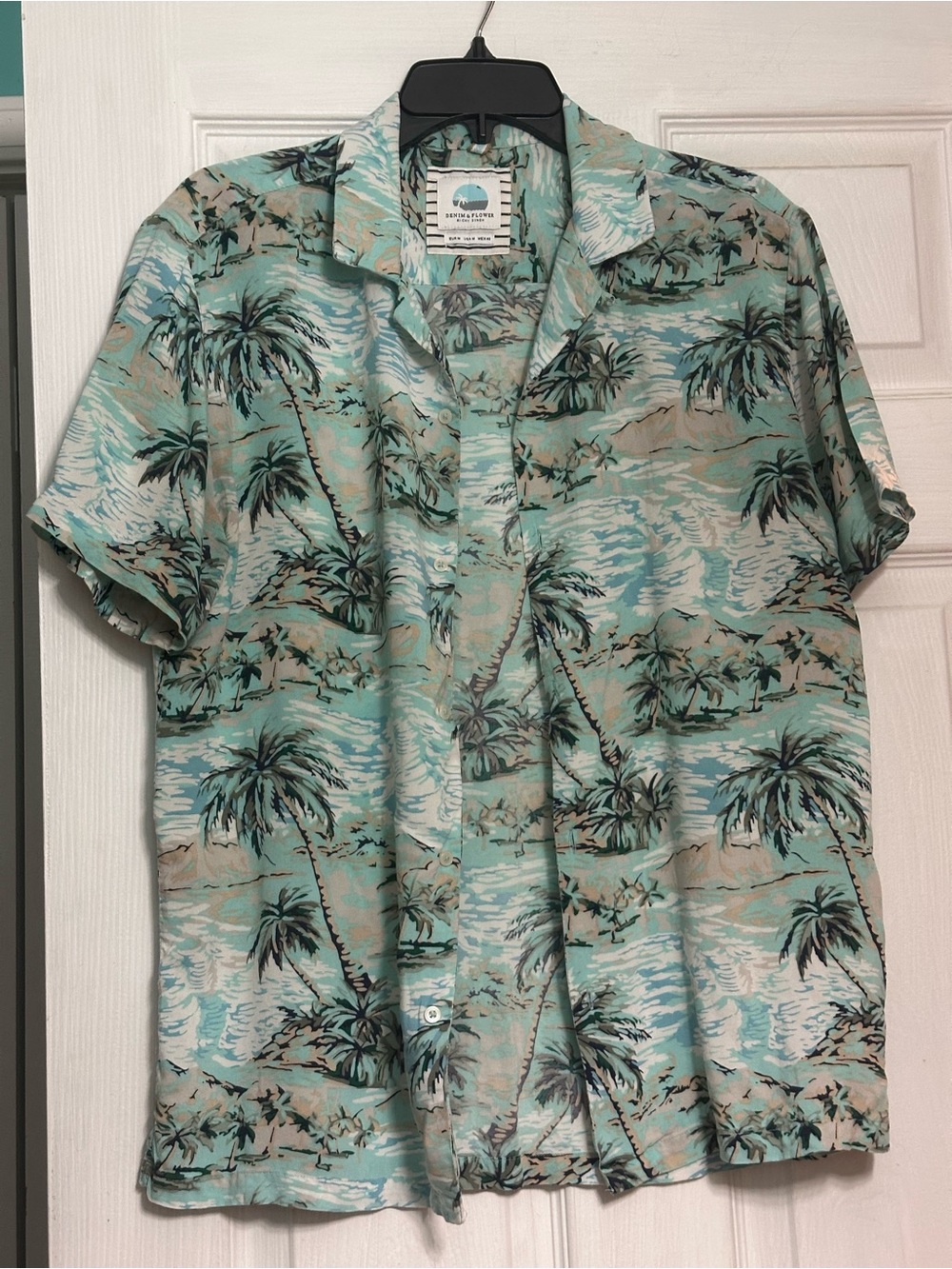 Denim & Flower Men's Short-Sleeve Palm Print Shirt - Mint